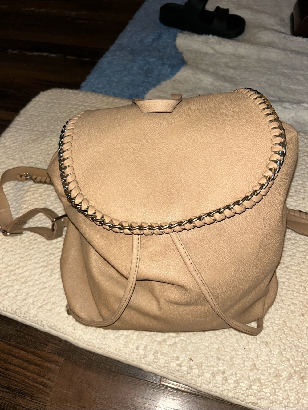 Steve Madden Neutral Beige Faux-Leather Women's Backpack with Woven Chain Trim